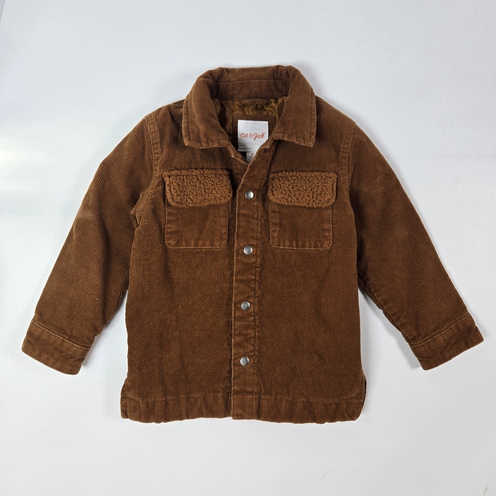 Cat & Jack Corduroy Jacket 3T Brown Sherpa Trim Quilted Lined Snap Button Coat